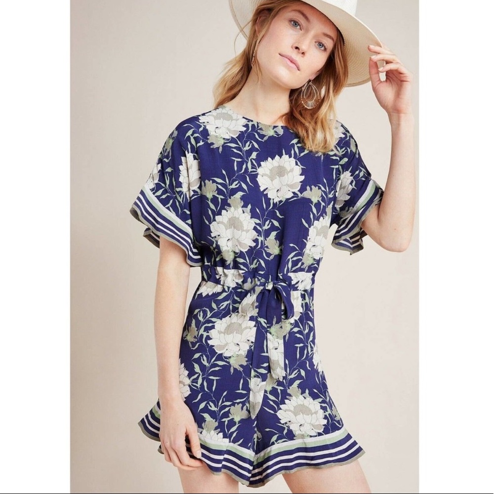 Anthropologie Bl-nk London Adrianna Drawstring Waist Blue Romper Size XS